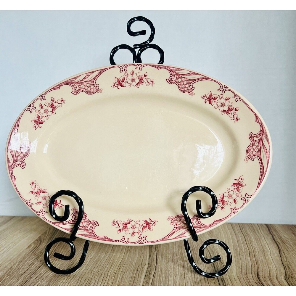 Vintage Shenango China Inca Ware Rimrol Oval platter red floral pattern on a tan
